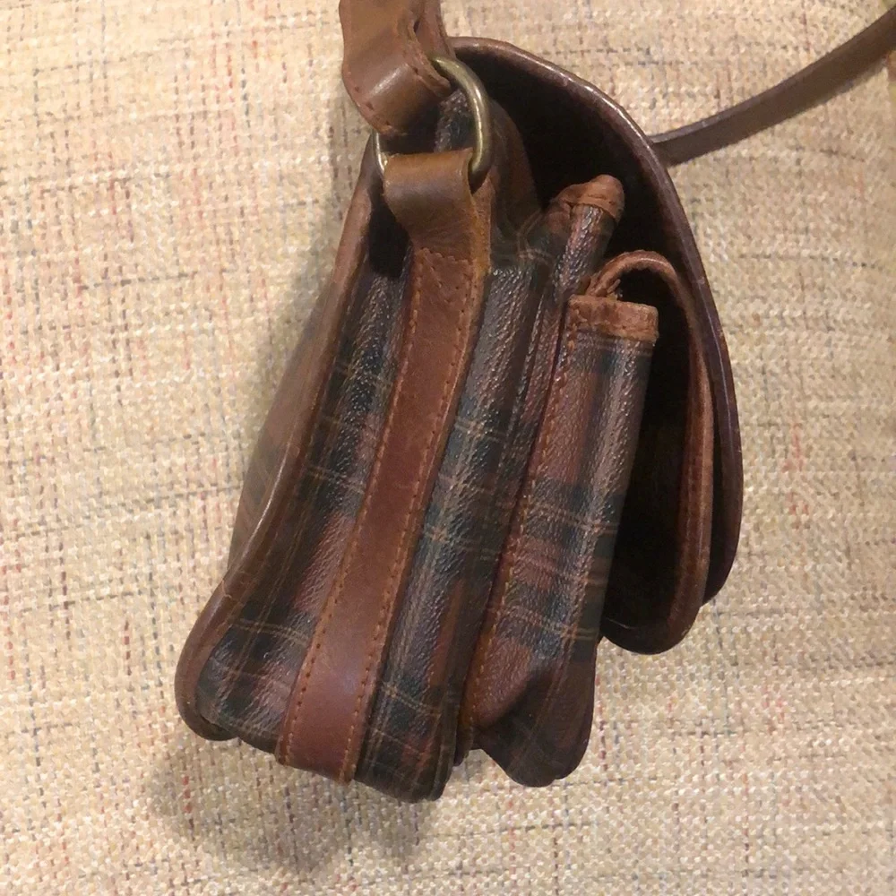 RALPH LAUREN Brown Tartan Plaid Multi Pocket Crossbody Messenger Saddle Bag
